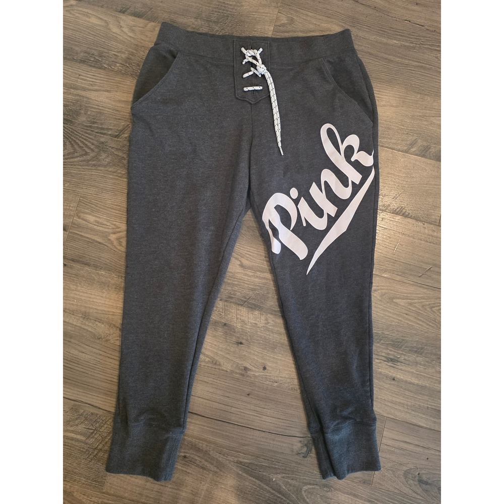 Women's sz L‎ Pink Victoria's Secret Jogger Sweatpants Gray Lace Up Logo